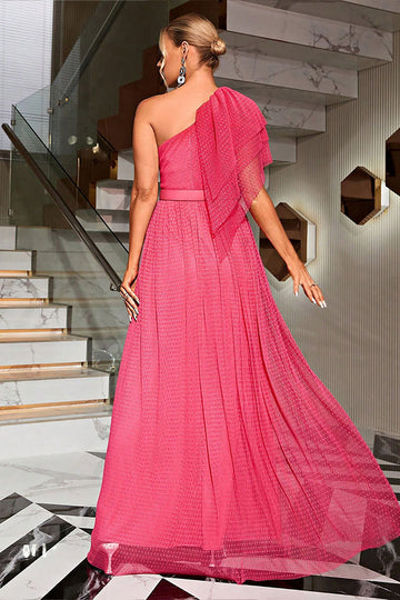 Coral One Shoulder Tulle Long Prom Kjole med bælte